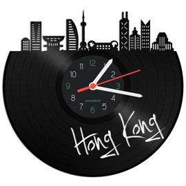 GRAVURZEILE Vinyl Record Clock - Skyline Hong Kong - Wall Clock Made of Cast Vinyl with City Skyline 30 cm - Upcycling Designer Clock - Modern Wall Clock in Retro Vintage Style - Made in Germany