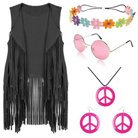 FunMular 60s 70s Outfits for Women Disco Hippie Costume Clothes Woman Peace Sign Earring Headband Fringe Vest Tassel Cardigan (Black, M)