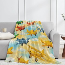 jwyta Cartoon Airplane Flannel Blanket,Colorful Aircraft Pattern Throw with Blue Sky and Cloud,Fun Aviation Theme,Lightweight Fleece Blankets for Kids,Couch,Cabin,Bed Home Decor Gifts,60x50in
