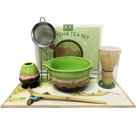 Matcha Set, 7Pcs Ceramic Matcha Whisk Set, Inclusive Matcha Bowl and Whisk, Tea Towel, Bamboo Scoop, Sifter, Scoop Rest, for Matcha Tea Lovers, Unique Home Kitchen Decor Gifts (Kiln Change Green)