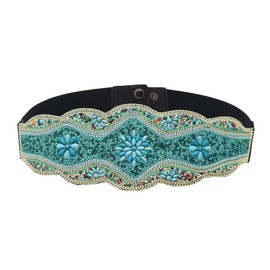 idealway Bohemian Shell Women Belt Wide Stretch Elastic Waist Belt Handmade Beaded Flower Adjustable 29"-35" Belt to Wear with Skirts