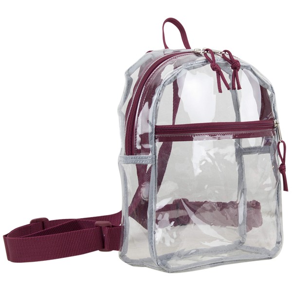 Eastsport 100% Transparent Clear MINI Backpack (10.5 by 8 by 3 Inches) with Adjustable Straps, Clear/Burgundy