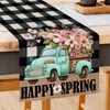 Spring Table Runner, Buffalo Plaid Truck Flowers Happy Easter Table
