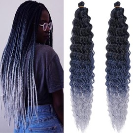 Water Deep Wave Crochet Hair Ocean Wave Curly Wavy Braiding Hair Pre Stretched Ombre Color Boho Hair for Braiding 24 Inch 2 Packs Synthetic Bohemian Braiding Hair Boho Curls Crochet Braids