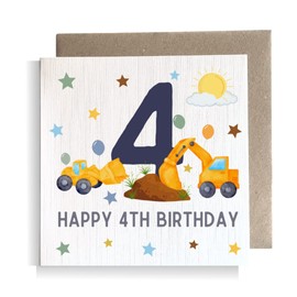 Second Ave 4th Birthday Age 4 Children's Kids Baby Digger Square Card For Boy or Girl Birthday