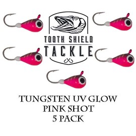 Tooth Shield Tackle UV Glow Tungsten Ice Fishing Jigs 5-Pack Rain Snow Tear Drop Jig Head Hooks Tip Up Tip Down 5mm (Pink Shot)