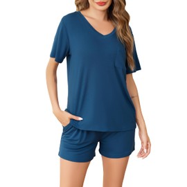 Sopesil Pyjamas for Women Shorts Sets Ladies Pjs Short Sleeve Women's Pyjamas Sets With Pockets Sleepwear Soft LoungeWearr, Blue, XL