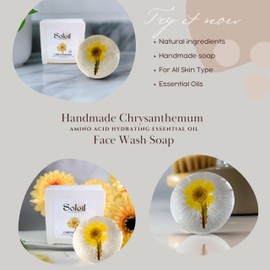 Soleil Naturale Set of z2 Handmade Face and Body Wash Chrysanthemum Flowering Plant Soap Bar, Collagen, Amino Acid Includes 2 Bamboo Soap Dish