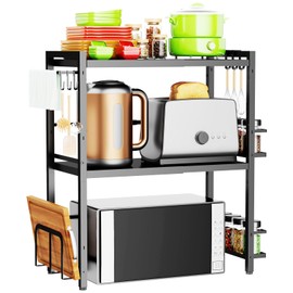DOLALIKE Microwave Oven Rack, Expandable Microwave Stand Countertop Kitchen Utensils Tableware Storage, Carbon Steel Over Microwave Shelf Countertop with 6 Hooks