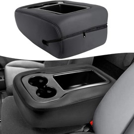 KBH Center Console Armrest Cover for Chevy Tahoe Suburban Silverado, GMC Sierra Yukon 1500 2500 3500 2007-2014, Jump Seat, Leather Trim w/Zipper Design, Black