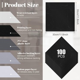 Spiareal 48 Pieces Peel and Stick Floor Tiles Vinyl Flooring 12 x 12 Inch Stick on Floor Tile Self Adhesive Waterproof DIY for Bathroom Kitchen Bedroom Living Room(Black Marble)