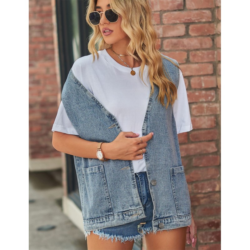 Shebote Womens Oversized Sleeveless Jean Denim Jacket Button Down Vest