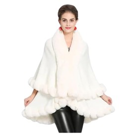 Cashmere Pashmina Group Poncho-Fur-Coat-Cape-Faux Fur-Ruana-blanket-Caplet-Wrap-Shrug-Sweater-dress shawl (White Wool blend cape with faux fur trim)