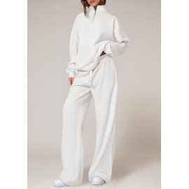 PRETTYGARDEN Womens Casual Two Piece Sets Fall 2025 Outfits Quarter Zip Sweatshirts Straight Leg Pants Sweatsuits Tracksuit (White,Small)