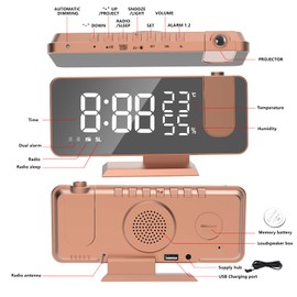 Mightree Reloj despertador de proyección para dormitorio, despertador digital con cargador USB, 7.4 pulgadas, gran pantalla LED espejo despertador, alarma inteligente dual con proyección en el techo, oro rosa