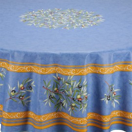 Label France Clos Des Oliviers Blue French Acrylic Coated Cotton Wipe-Off 70 inch 180cm Round Tablecloth