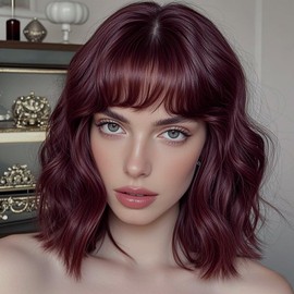WAVE&BREEZE Dark Red Wig with Bangs Short Curly Bob Wigs for Women 14 Inch Shoulder Length Natural Looking Hair Replacement Wigs for Cosplay Party Use