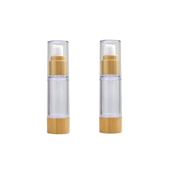 Empty Plastic Vacuum Pump Bottles, Airless, Lotion Dispenser with Eco Bamboo Lid and Base, Travel Makeup Containers, Glass Bottles for Emulsion Sense Serum, 2 Pack, bamboo