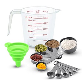 13 PCS Cucharas Medidoras y Tazas Medidoras, con Embudo Plegable (Gris) | Set de Tazas y Cucharas Medidoras con Mangos, Apilables, Herramientas de Medición de Cocina para Medir Líquidos y Condimento