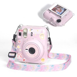 SelWatty Funda para Cámara para Instax Mini 12, Protector para Camara con Ajustable Correa para Correa de Funda Transparente, utilizable para almacenar Fotos (Rosa)