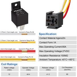 Weasch 12V JD1912 80A Heavy Duty Relay with Harness, 4-Pin SPST Normally Open, 4 Wire Automotive Relay Model, for Automotive Car Marine Boat (1)