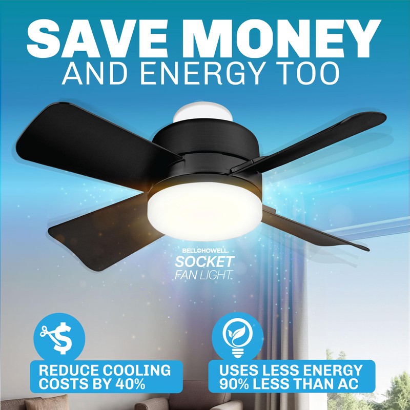 Bell+Howell Socket Breeze Socket Fan Light with Remote, Portable Small