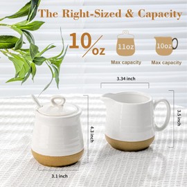 Tikooere Ceramic Sugar and Creamer Container Set of 3,10 Ounce Cream Pitcher,11 Ounce Sugar Bowl with Lid and Spoon,Farmhouse Coffee Bar Accessories Set for Serving,Microwave & Dishwasher Safe,White