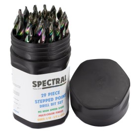 Spectral 29 Piece Step Point HSS Drill Bit Set, 1/16"- 1/2", Round Case, 135° Split Point Tip, M2 Steel, 3-Flat Shank, Multi-Color Finish