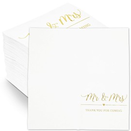 Mr & Mrs Servilletas de papel con detalles de lámina dorada para bodas (12.7 x 12.7 cm, paquete de 100)
