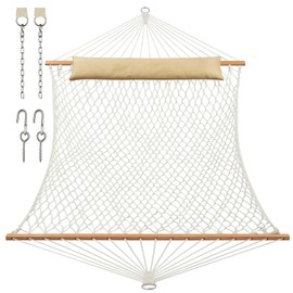 JoyView Traditional Rope Double Hammock - Hand Woven Cotton Hammock with Hardwood Spreader Bar and Pillow 450lb Capacity 2 Person Hammock for Outdoor Indoor Patio Yard - Natural