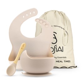 All In One Silicone Baby Feeding Set By SofiAl - Safe for 6-12 Months - Non-Toxic Baby Led Weaning Supplies, Suction Plate Or Bowl, Bib, Spoon & Gift Bag - BPA-Free - Mess Free Baby Feeding Essentials