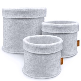 Miqio® Design Premium Felt Basket Round - Plant Basket Set of 3 - Flower Planter Felt - Ökotex Certified - Foldable Felt Flower Pot for Kitchen, Living Room, Hallway or Bathroom - Light Grey
