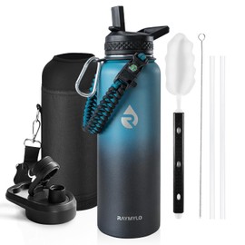 RAYMYLO Insulated Water Bottle 40 oz, Triple Wall Vacuum Stainless Steel (Cold for 48 Hrs), Leak Proof & Non-BPA, Modern Water Flask Jug with Paracord Handle & Straw Spout Lids, Indigo/Black