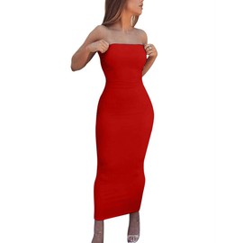 BORIFLORS Women's Basic Sleeveless Tube Top Sexy Strapless Bodycon Midi Club Dress,Medium,Red
