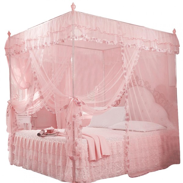 Zerodis 4 Corners Post Canopy Bed Curtain Mosquito Net for Girls & Adults, Luxurious Princess Bedroom Decoration Accessories, 3 Side Opening(150 * 200 * 200-pink)