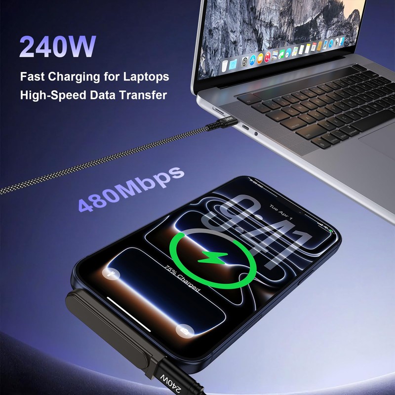 Invisible Holder Charger Cable with Stand,Detachable 240W USB Type C