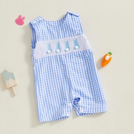Kuriozud Smocked Baby Boy Girl Clothes Sleeveless Romper Jumpsuit Overall Newborn Infant Clothing Spring Summer Outfits (Easter Bunny Blue, 0-3 Months)