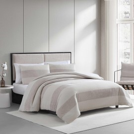 Vera Wang - King Comforter Set, Premium Cotton Bedding with Matching Shams, Textured Striped Decor, Ideal for All Seasons, Oeko-Tex Certified (Chenille Waffle Stripe Beige, King)