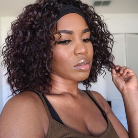 ManeMajesty Headband Wig Deep Curly Wear and Go Glueless Wigs Human Hair for Black Women Machine Made None Lace Front Short Bob Wigs 10A 180% Density Headband Wig Natural Black (10 Inch)