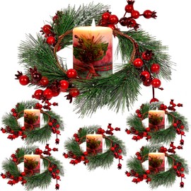 Christmas Candle Rings Wreath - 4.3" 6 PCS, Christmas Table Centerpieces, Red Artificial Berry Candle Rings, Candle Holder Table Decorations, Small Pine Garlands for Home Holiday Wedding Decor