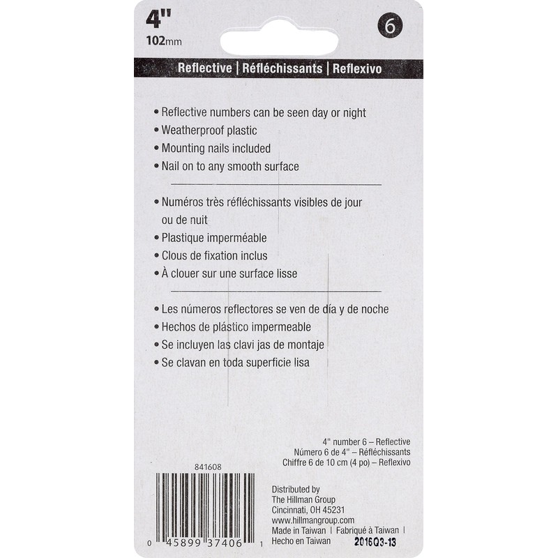 HIllman 841608 4-Inch Nail-On Reflective Plastic House Number 6