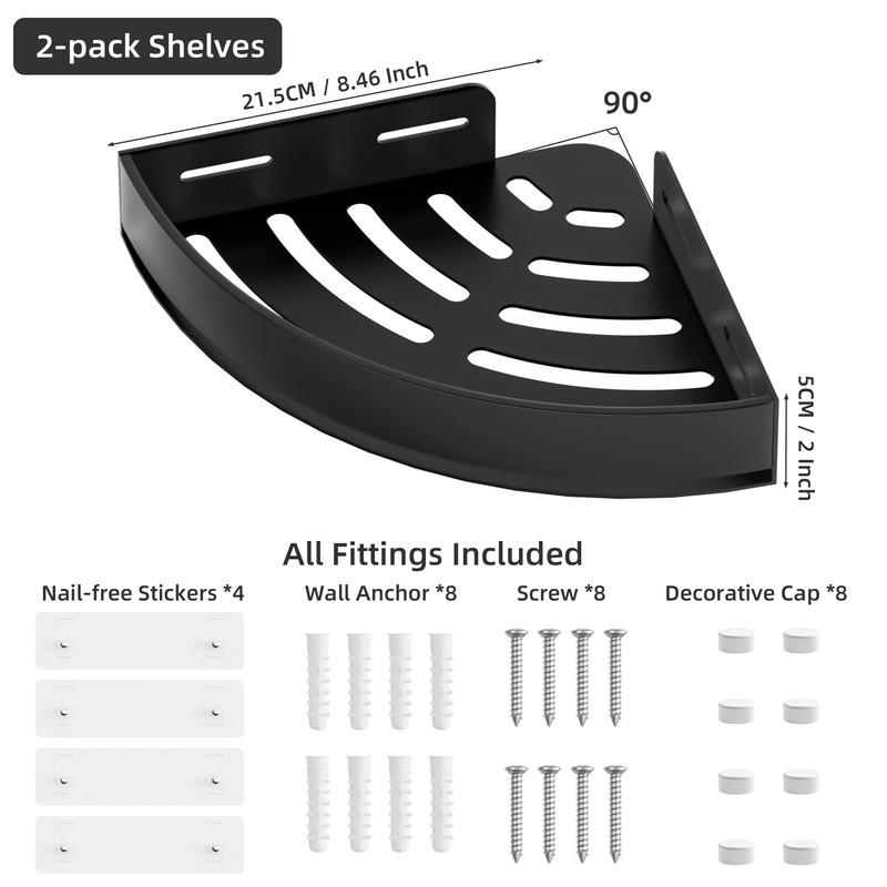Wisfame Black Corner Shower Caddy - Rustproof Aluminium Triangle Shower