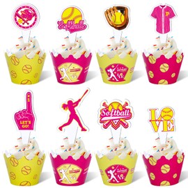 48Pcs Softball Cupcake Toppers and Wrappers Softball Party Supplies Softball Cupcake Decorations for Girls Kids Teens Sport Theme Birthday Cupcake Picks for Softball Holiday Birthday Party Favor Decor