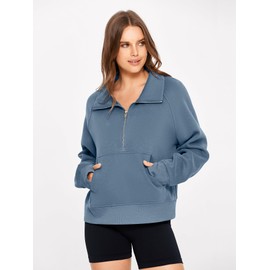 Glamaker Womens Sweatshirts Half Zip Pullover Fleece Cropped Comfort Fall Loose Outfits Fashion Long Sleeve Thumb Hole (Blue Grey,Large)