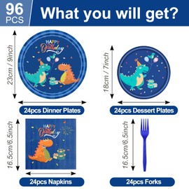 HJINGY 96 PCS Dinosaur Party Supplies Blue Dinosaur Birthday Party Tableware Set for Boy Kids Blue Dino Plates Napkins Forks Party Decorations for 24 Guests Dino Party Favors