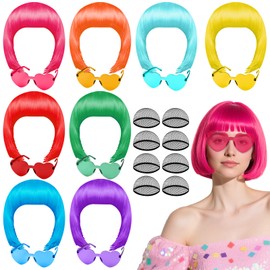 8 Pack Colored Bob Wig with Heart Sunglasses Hair Cap for Women, Halloween Costume Funny Neon Wigs with Bangs Cosplay Hairpieces for Wedding Photography Bachelorette Theme Party Favors