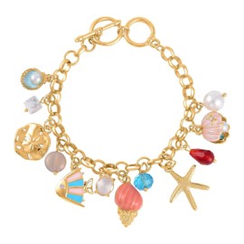 TJC Oceanic Charm Bracelet - White Howlite, White Shell Pearl, Multi-Colour Austrian Crystal - Enamelled Charms - Yellow Gold Tone - Size 7.5 - Toggle Clasp - Playful Design