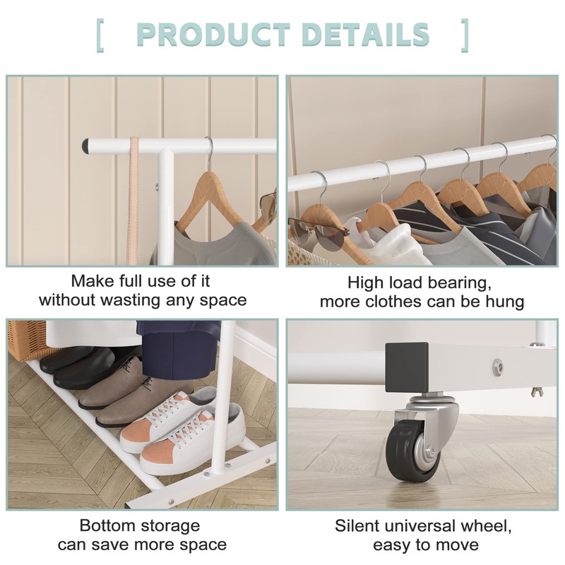 Sywhitta Double Rod Clothing Garment Rack, Rolling Clothes Organizer on