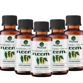5 pack Aceite puro de Neem Frasco de Aceite Esencial de 30 ml. Aceite de Neem prensado en frío puro Manudmed Granja Ecológica