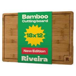 Riveira Brown Bamboo Wood Cutting Board – Gourmet Bamboo Grandeur: 18 x 12 Wooden Cutting Board – Wooden Cutting Boards For Kitchen Decorative – Innovative Juice Grooves Wooden Chopping Board